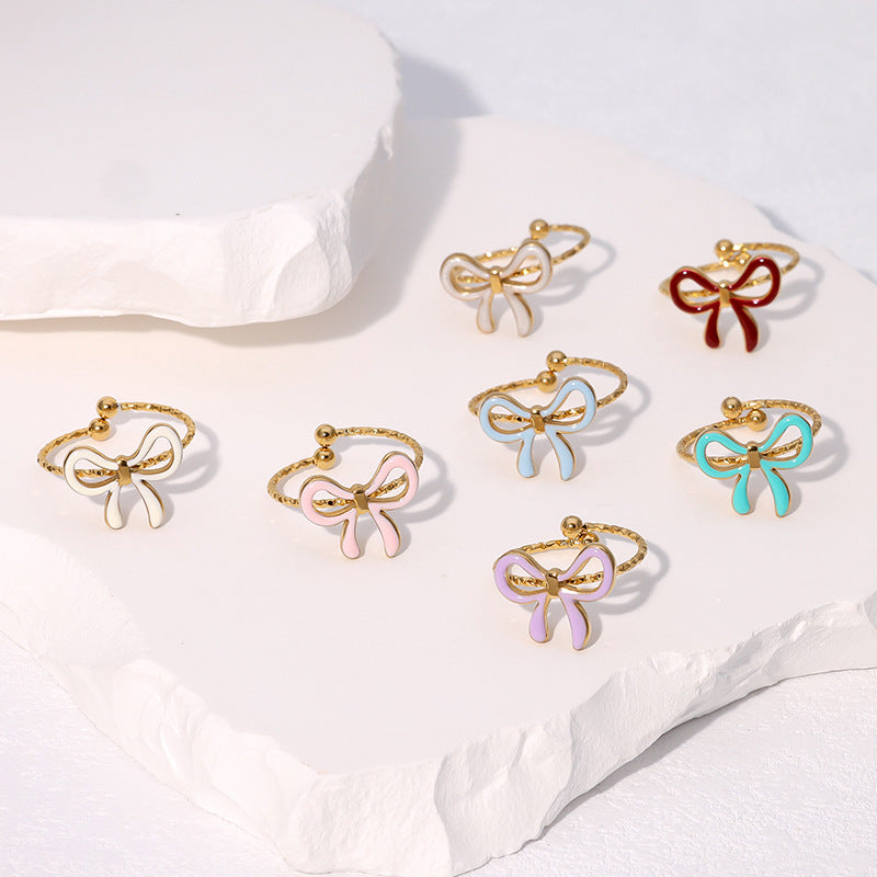 Fashionable Simple Cute Sweet Ins-Style Gold-Plated Bow-Knot Open Stainless Steel Ring Jewelry For Women
