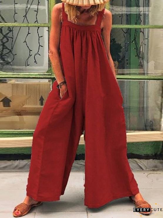 Casual Solid Sleeveless Suspender Jumpsuit for Women