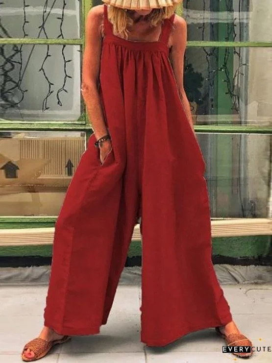 Casual Solid Sleeveless Suspender Jumpsuit for Women