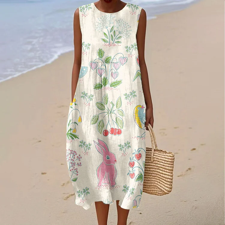 Women's Vintage Floral Art Print Sleeveless Cotton Pocket Wrap Dress