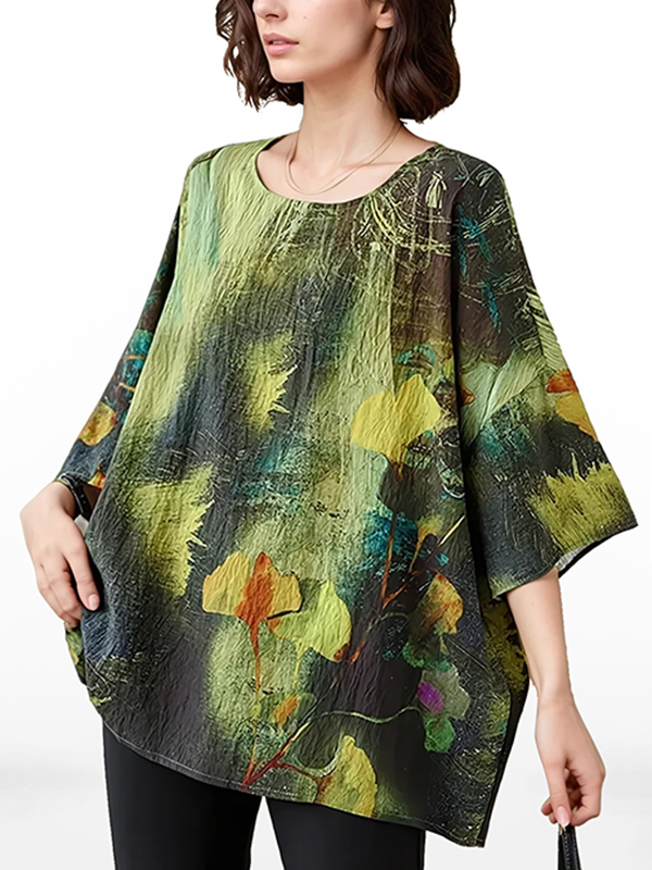 Loose Ethnic Style Bat Wing Round Neck Linen T-shirt