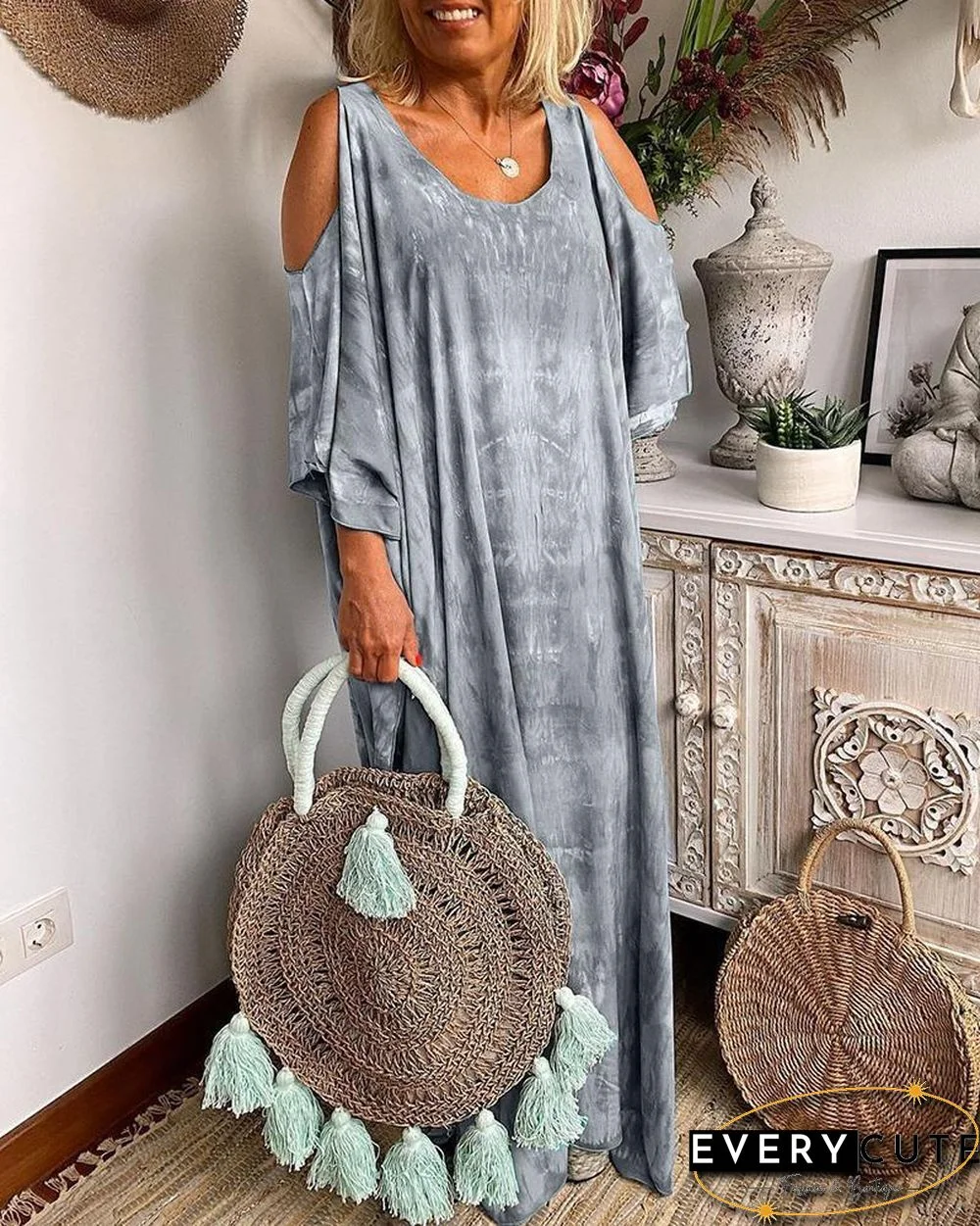Tie-Dye Multi-Colored Print Cold-Shoulder Loose Maxi Dress P15979