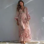 Boho Pink Roses Floral Embroidered Linen Maxi Dress - Image 2