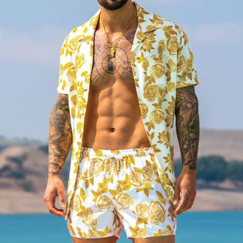 Summer Hawaiian Short Sleeves Beach Holiday Mens Suits Top With Pants Two Pieces Sets-VESSFUL