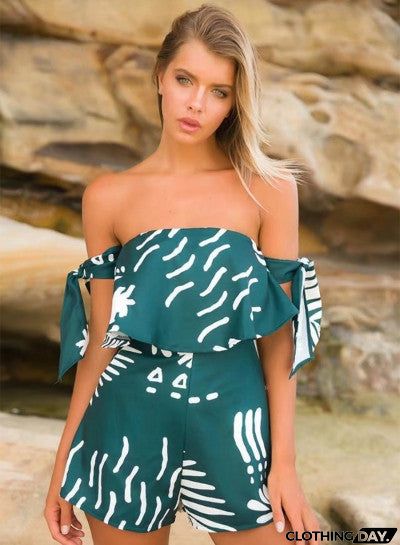 off Shoulder Palm Leaf Printed Romper