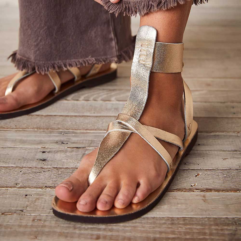 Women's Champagne Vegan Leather Square Toe Back Lace-Up Flat Sandals Nicepairs