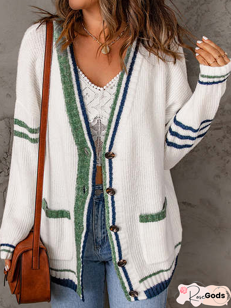 Women Striped Casual Winter Natural Daily Wool/Knitting Mid-Long X-Line Regular Sweater Coat