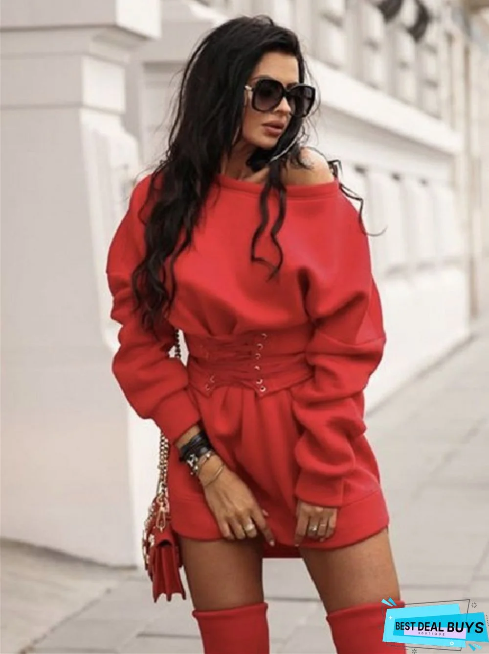 Sexy Round Neck Loose Waist Long Sleeve Dress