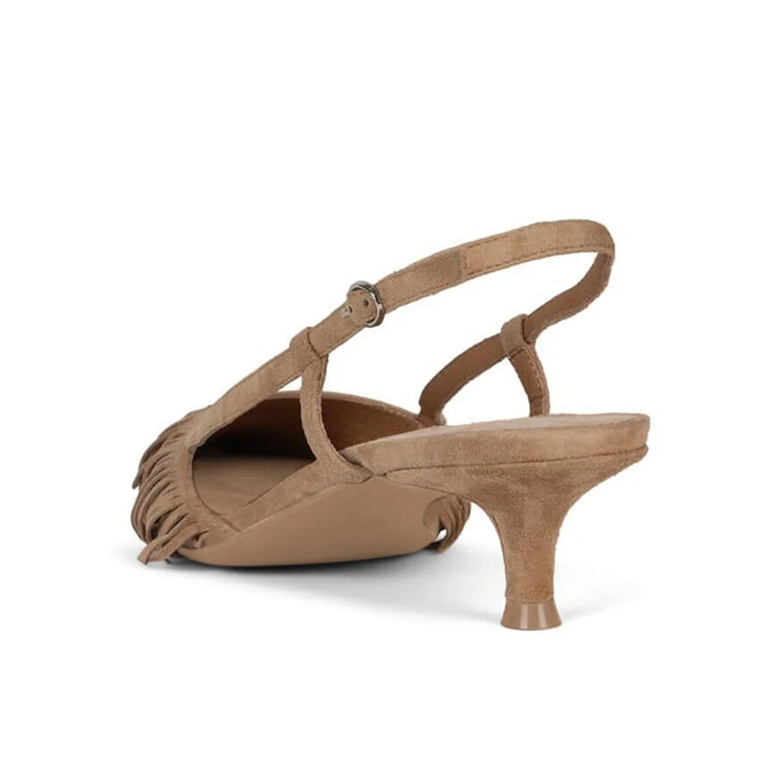 Faux Suede Fringe Inlay Buckle Slingback Kitten Heel Pumps in Beige