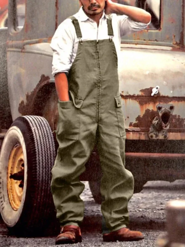 Men's Solid Color Loose Straight Cargo Jumpsuit Overall