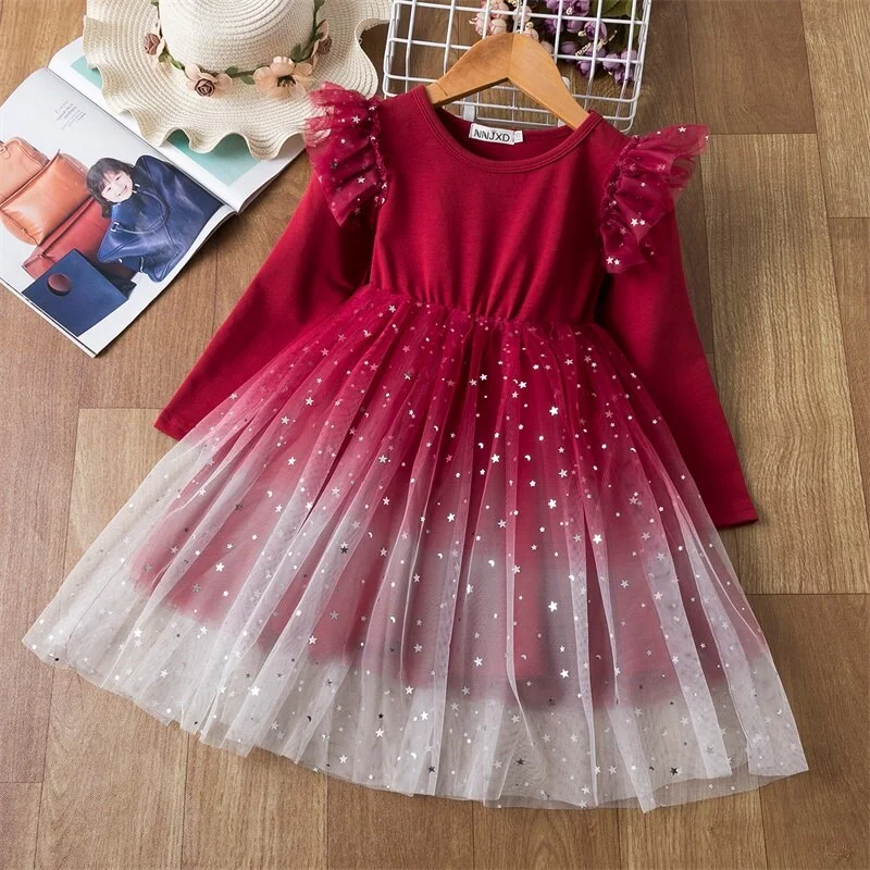 Christmas Girls Wedding Dresses Costume Kids Long Sleeve Lace Princess Dress Clothes Children Birthday Party Elegant Vestidos