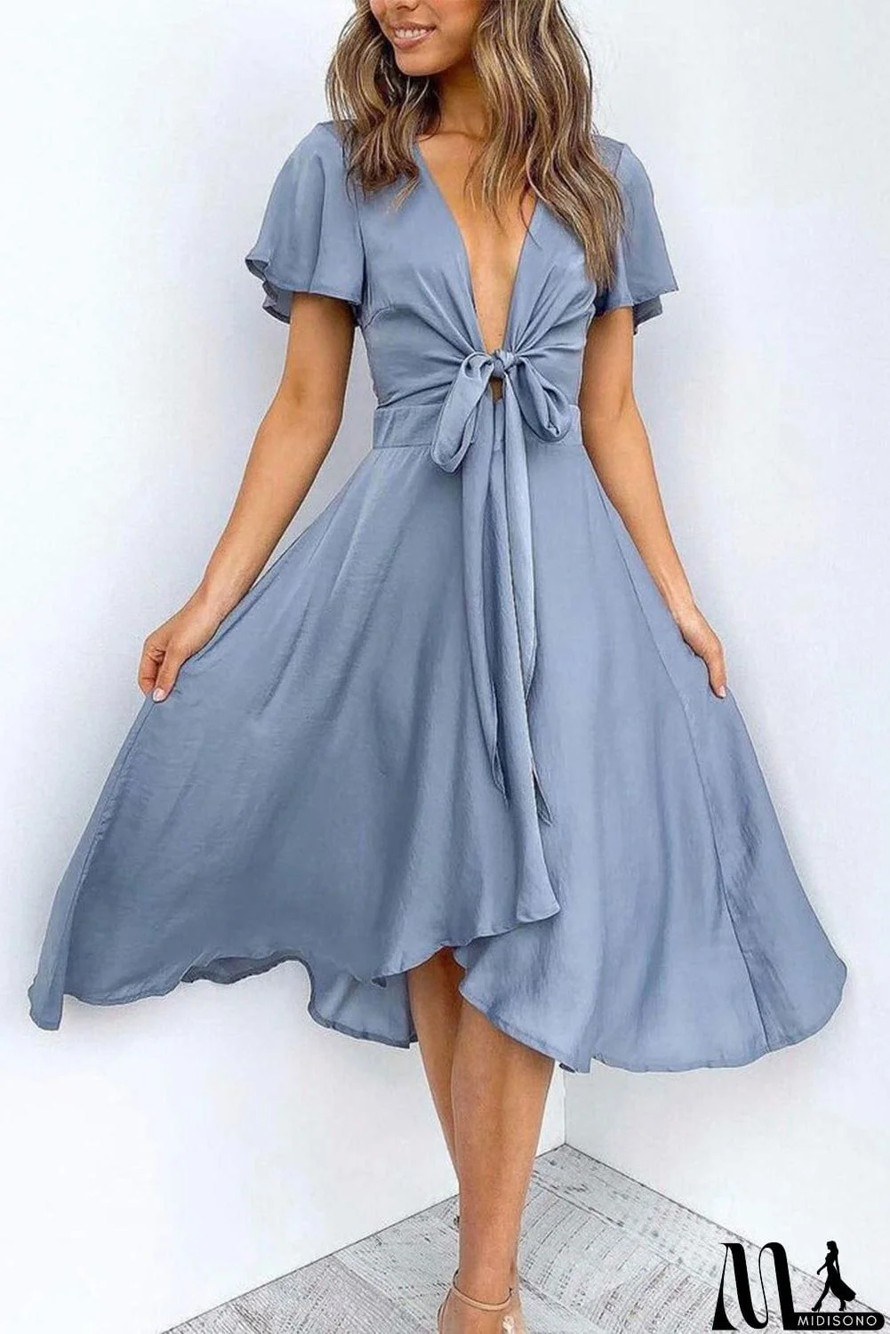 MidiSono - Deep V Neck Flutter Sleeve High Waist Flare Midi Dress