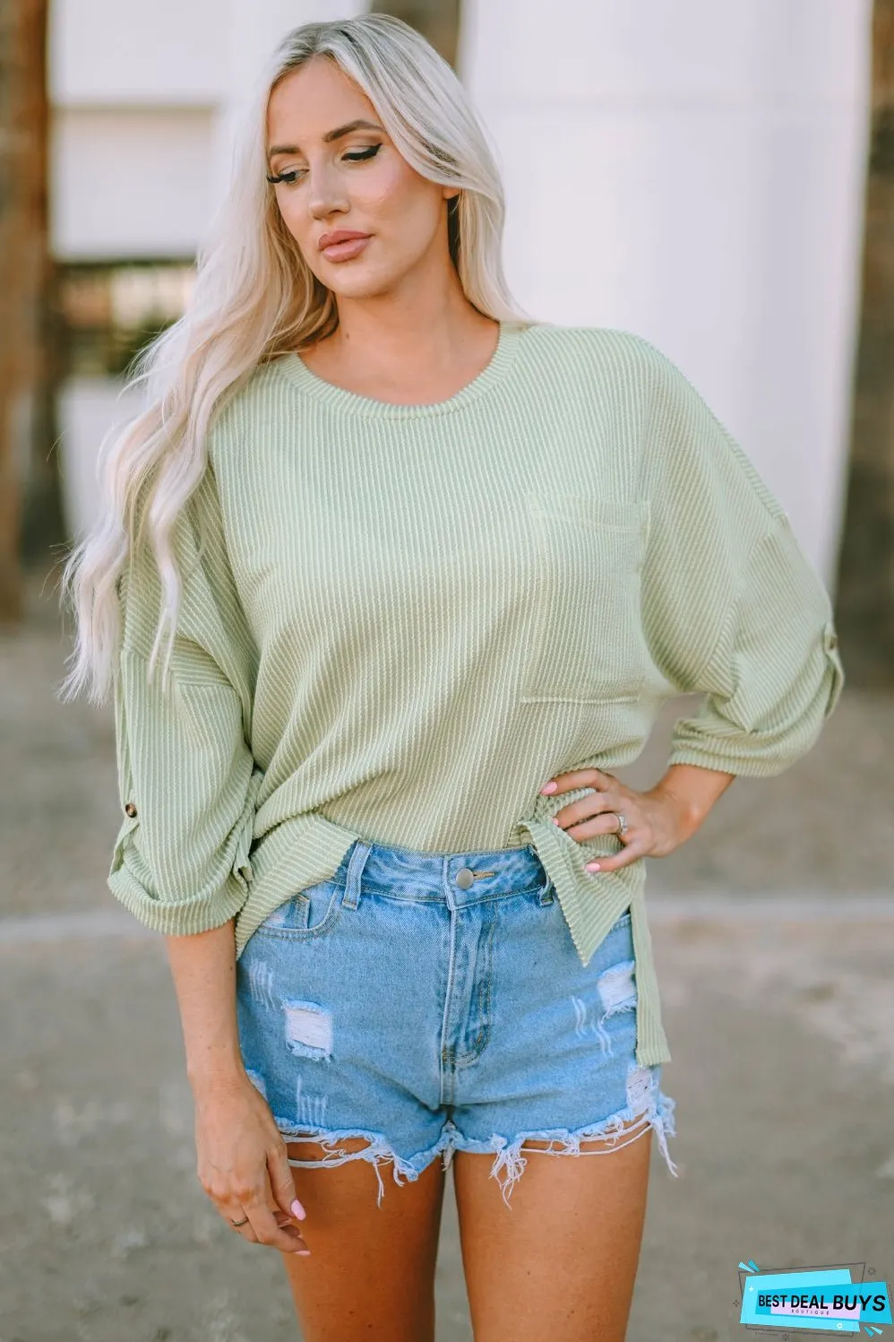 Ribbed Roll-tab Sleeve Oversize Top
