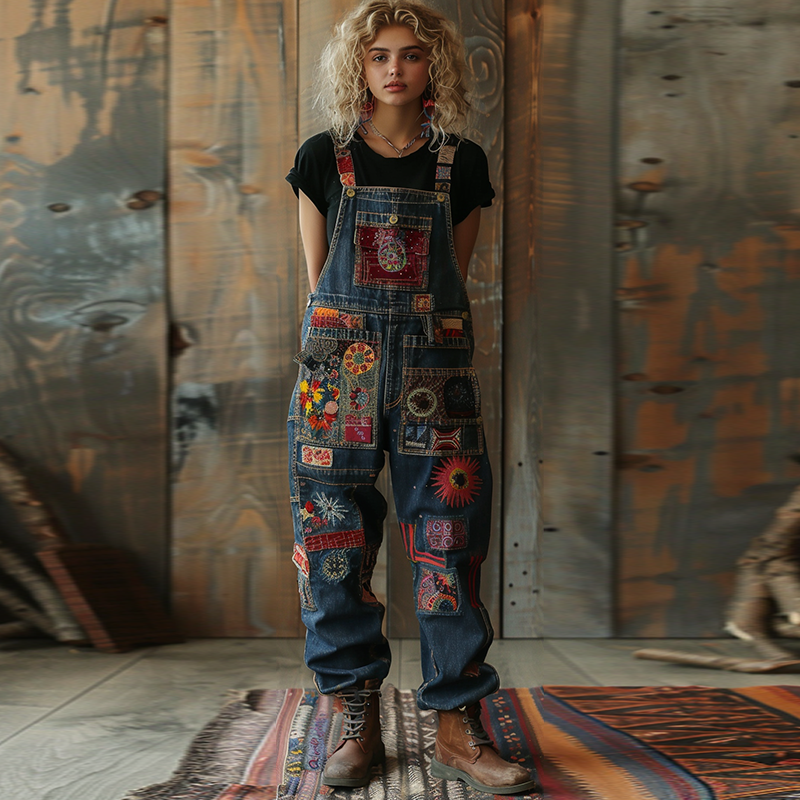 Vintage  Floral Geometric Color Block Art Jeans Jumpsuit