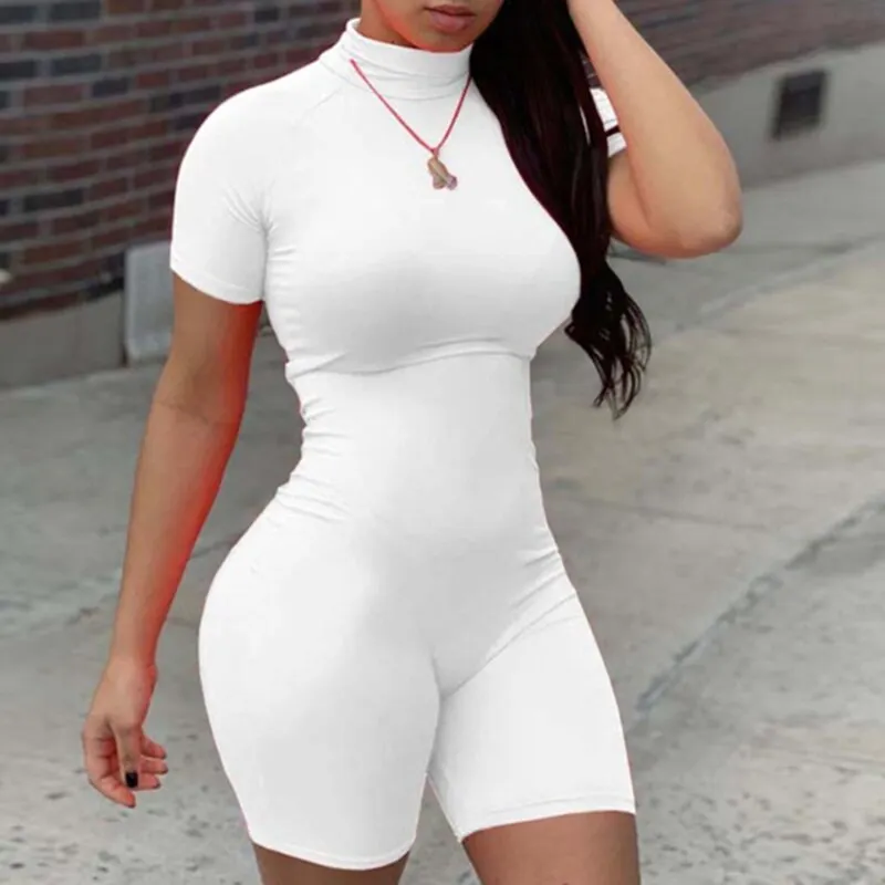 Fitness Women Streetwear Neon Bodysuit Women Mock Neck Short Sleeve Casual Playsuit High Elastic Sexy Tight Sports Overalls 2020