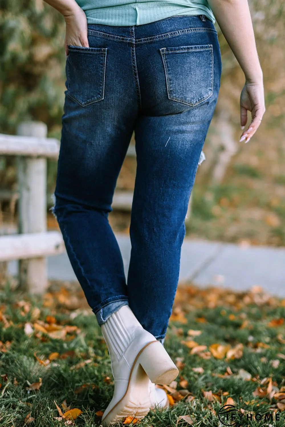 Blue Medium Wash Button Fly Distressed Plus Size Jeans | IFYHOME