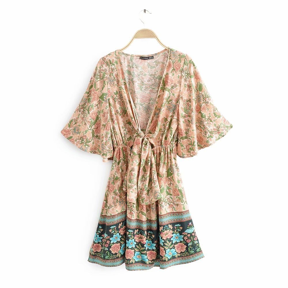 Deep V Neck Sexy Beach Dress 2020 Summer Short Sleeve Floral Print Boho Dresses Holiday Bow Cute Chic Bohemian Dress Women