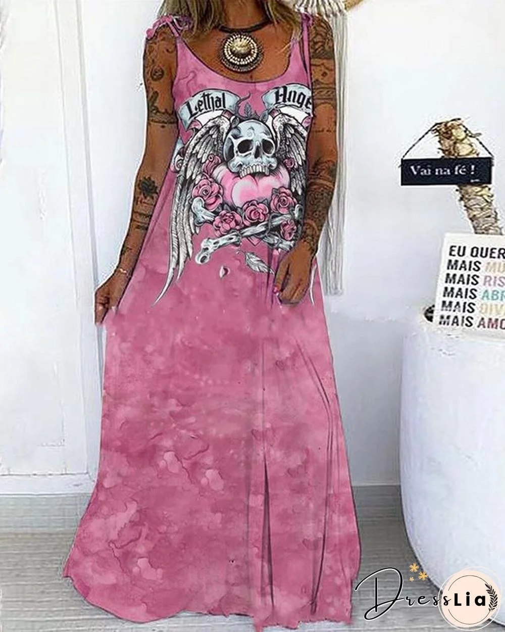 Multiple Color Skull&Rose Print Lace up Spaghetti-Strap Maxi Dress