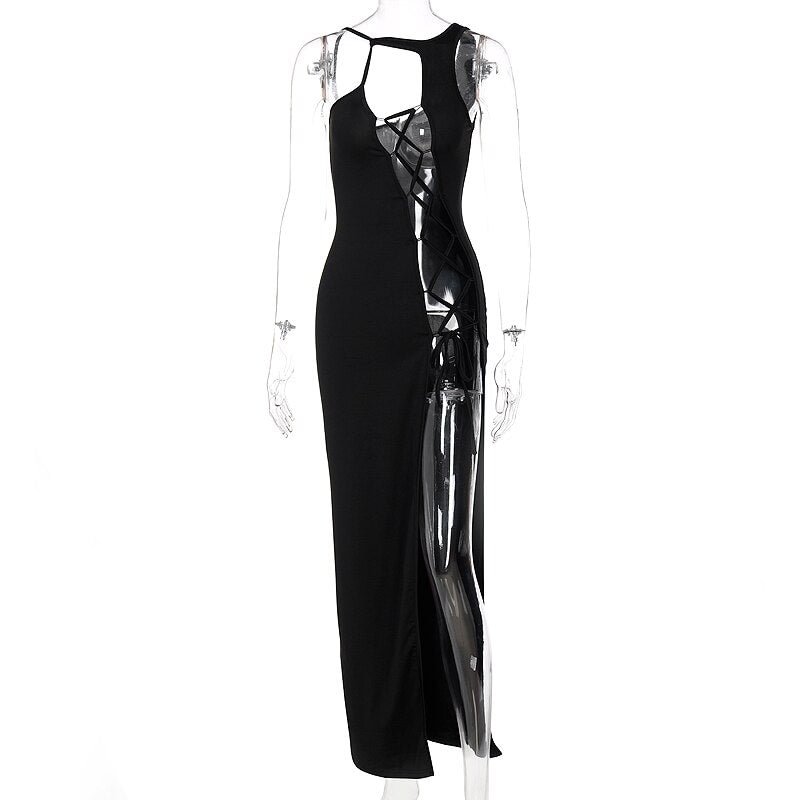 Hugcitar 2021 Summer Fall Women Fashion  Halter Solid Hollow Out Bandage Bodycon Slim Dress Sexy Y2K Streetwear Revealing String