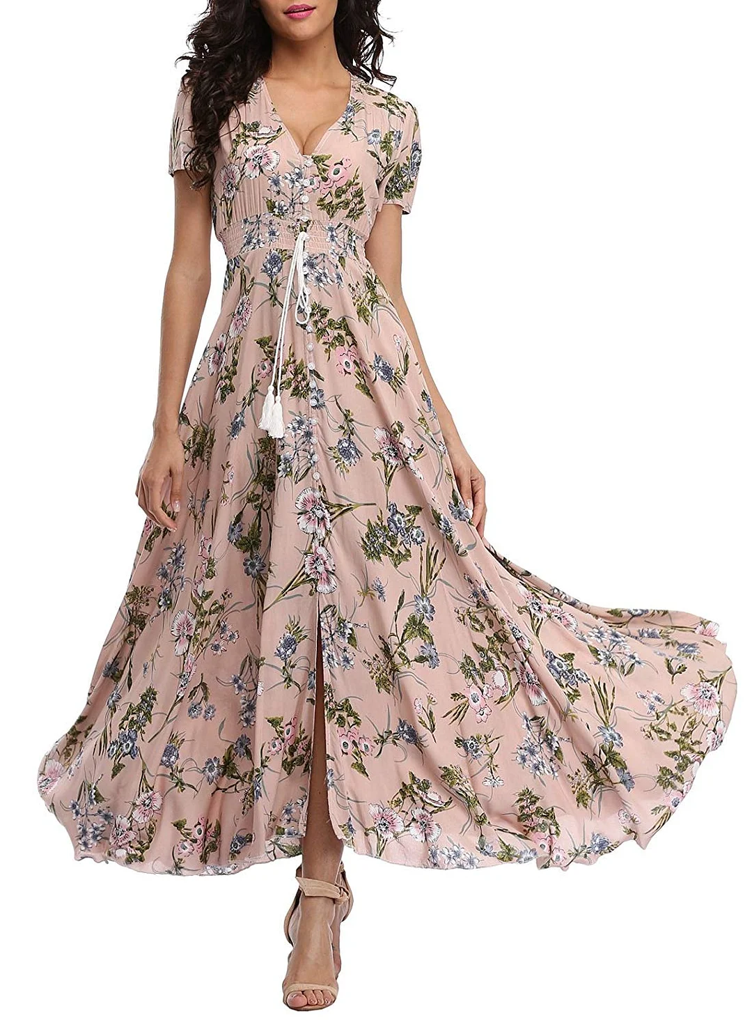 Floral Maxi Dresses Boho Button Up Split Beach Party Dress for women