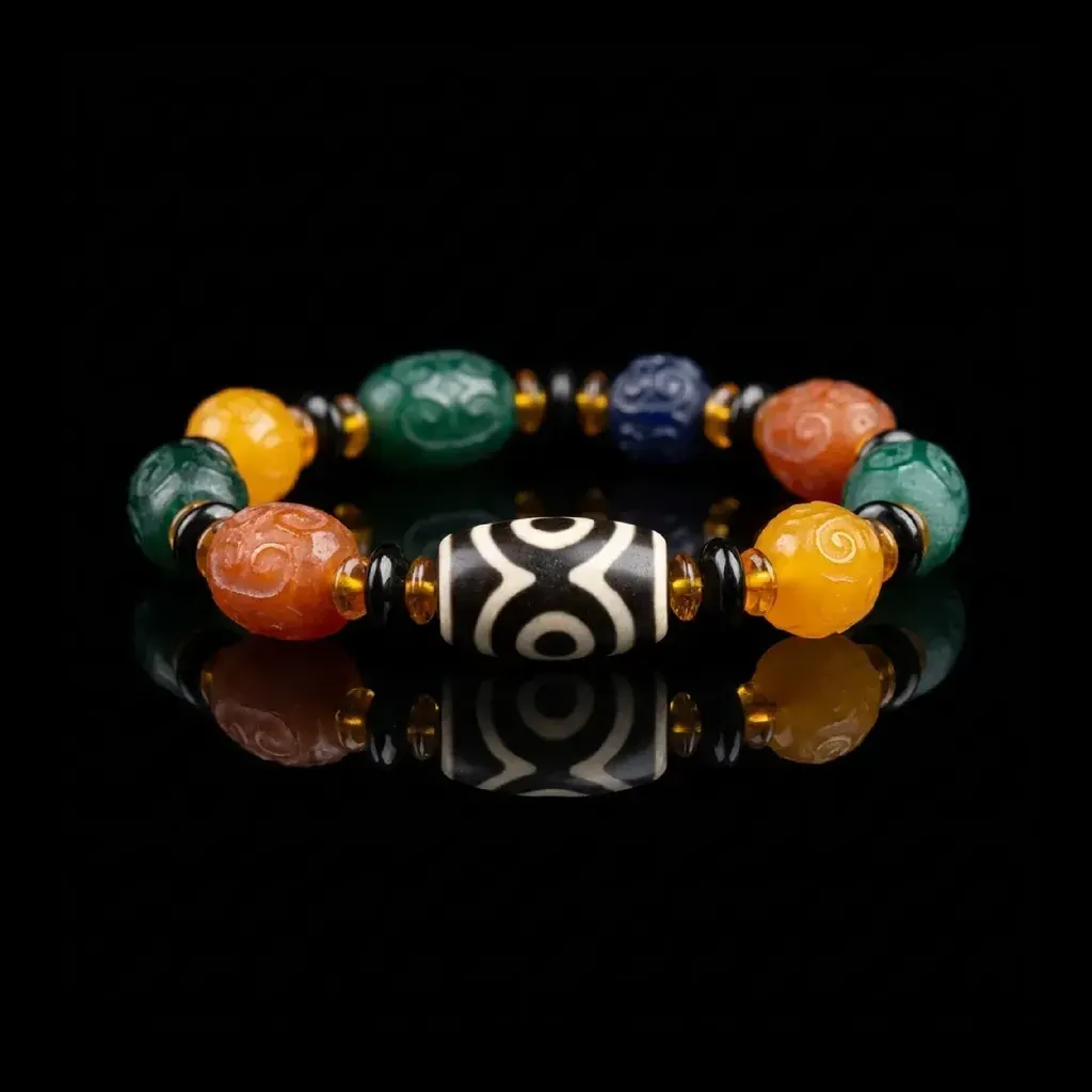 JiStones Eternal Harmony Agate Bracelet: Hand-Carved Cloud Motif & Sacred Dzi Bead