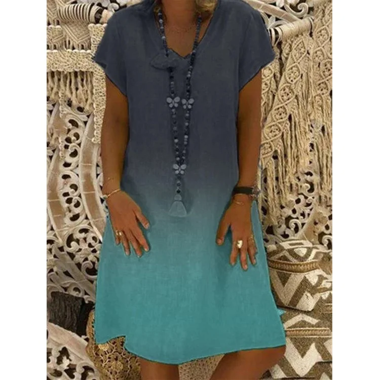 Gradient Printing V-neck Dress