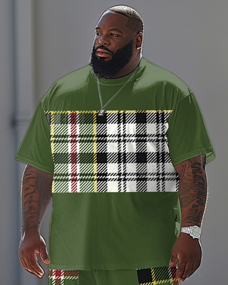 Men's Big & Tall Casual Plaid Pattern Printed T-shirt Trousers Set