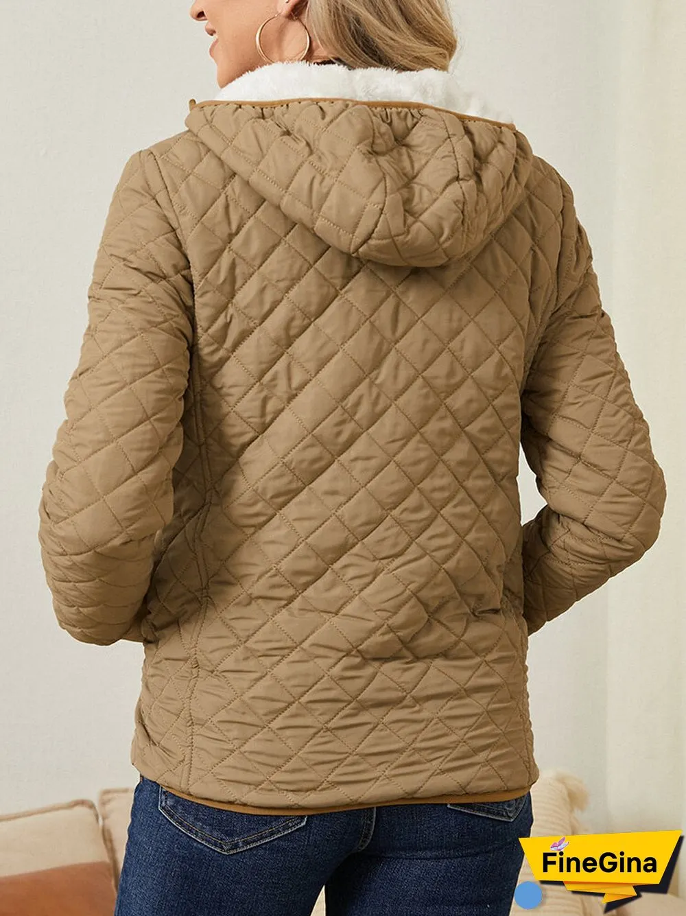 Solid Plush Zip Front Pocket Hooded Long Sleeve Coat