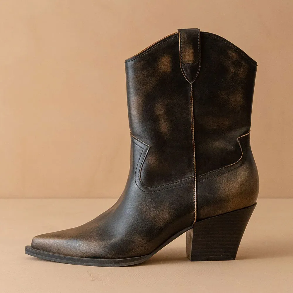 Distressed Brown Slip On Heeled Pointed Toe Western Ankle Boots