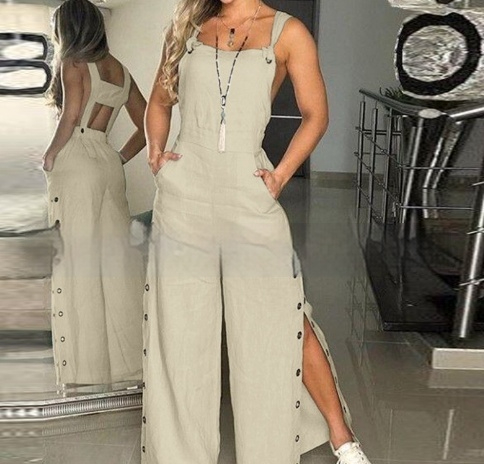 Mature Women's Solid Color Sleeveless Side Pocket Casual Wide Leg Side Buckle Jumpsuit