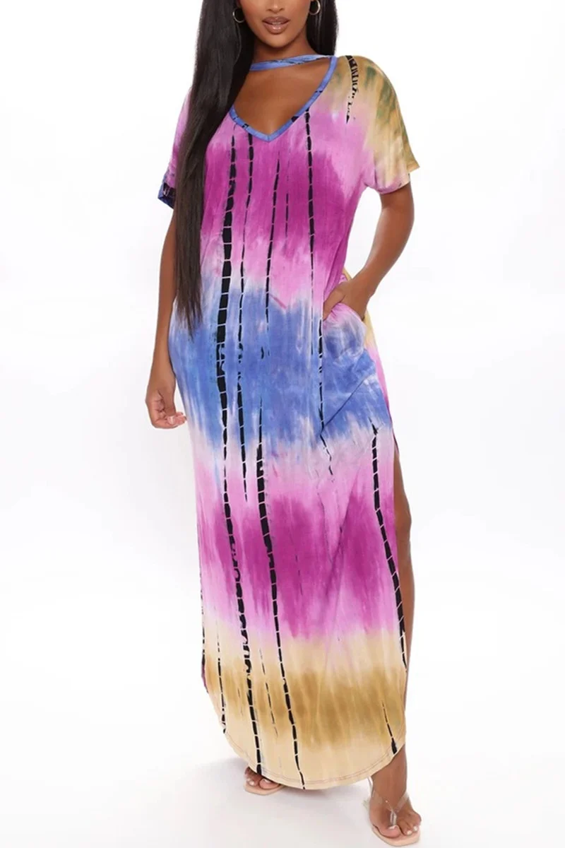 Multi Fashion Sexy Regular Sleeve Short Sleeve V Neck Printed Dress Floor Length Print Dresses | EGEMISS