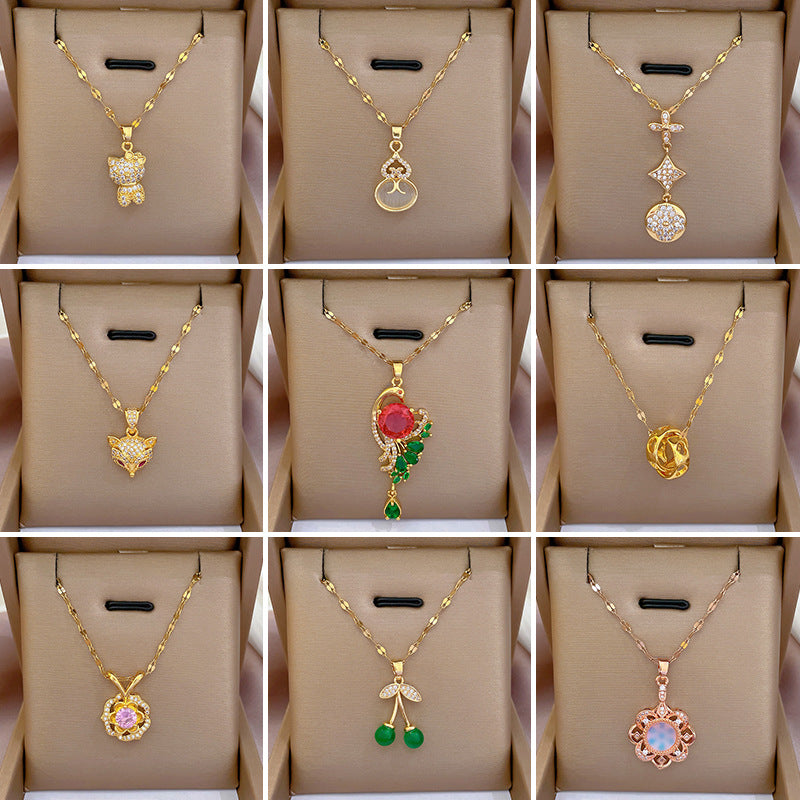 Cartoon Geometric Titanium Steel Diamond Inlay Necklaces