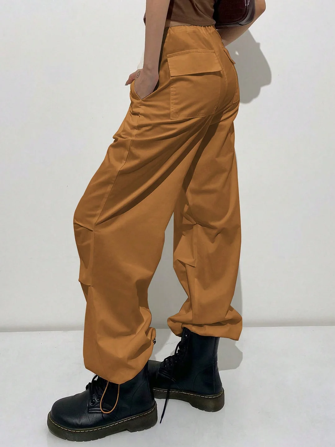 Solid Drawstring Waist Parachute Pants
