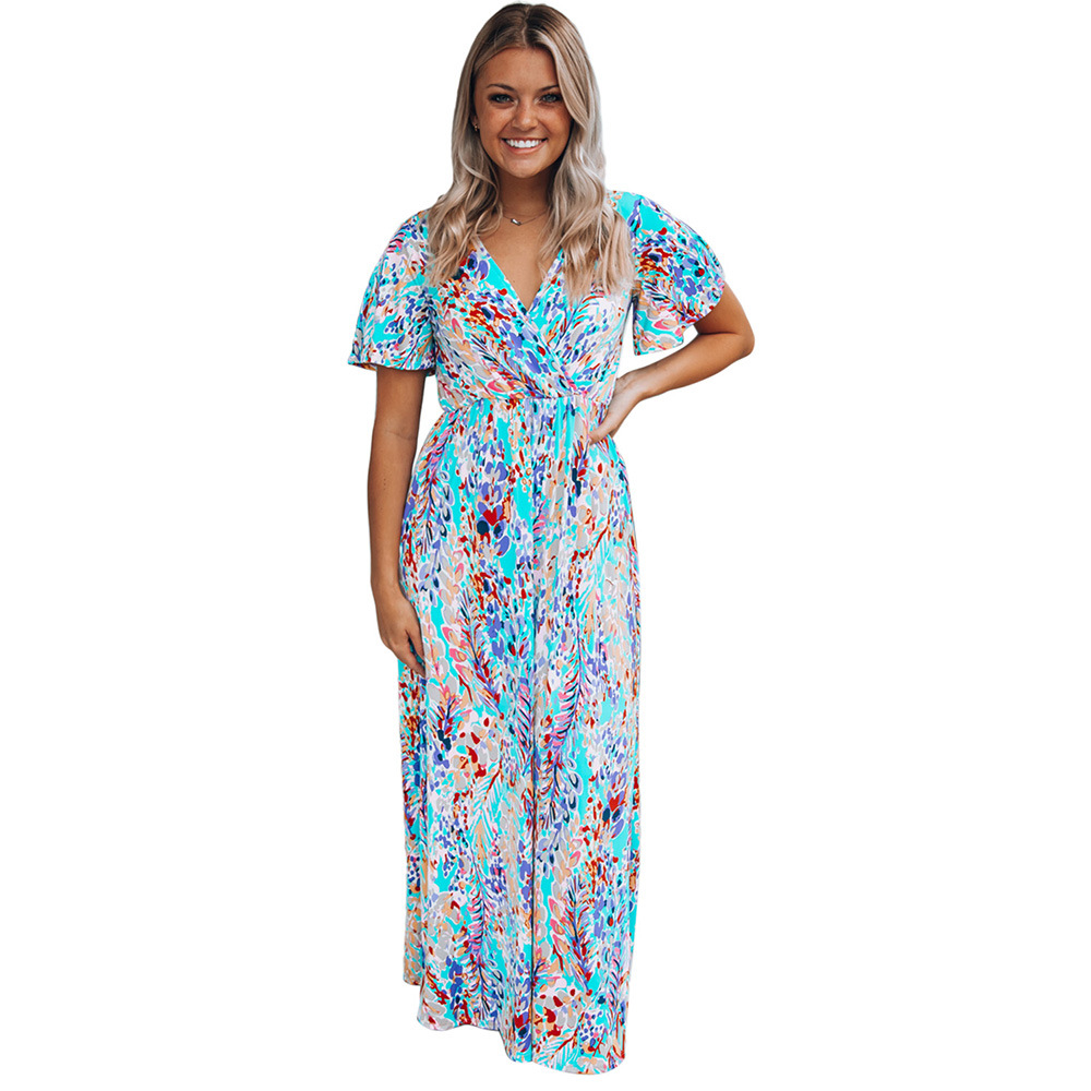 Mature Women Summer Casual New Short Sleeve V-neck Pullover Floral Skirt Dress