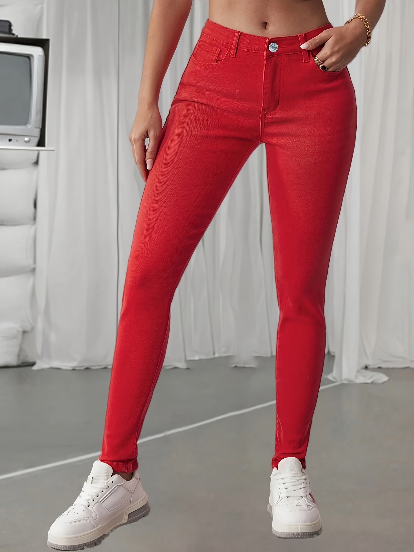 Women's High Stretch Cotton Skinny Jeans - Vibrant Red Solid Color, Button Detail & Zipper Fly, All-Season Machine Washable Denim Pants For Casual & Night Out, High Waisted Jeans, Versatile Bottoms, Comfortable Fit, Fitted Trousers, Adult | IFYHOME