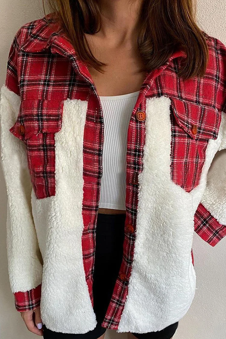 Berber Fleece Plaid Turndown Collar Button Up Baseball Jacket