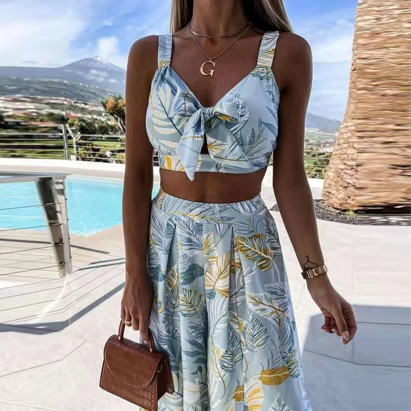 2021 Sexy Hollow Out Bandeau Bow Crop Tank Tops And Design Split Wide Leg Pants Suits Summer Women Two Piece Set Print Outfits
