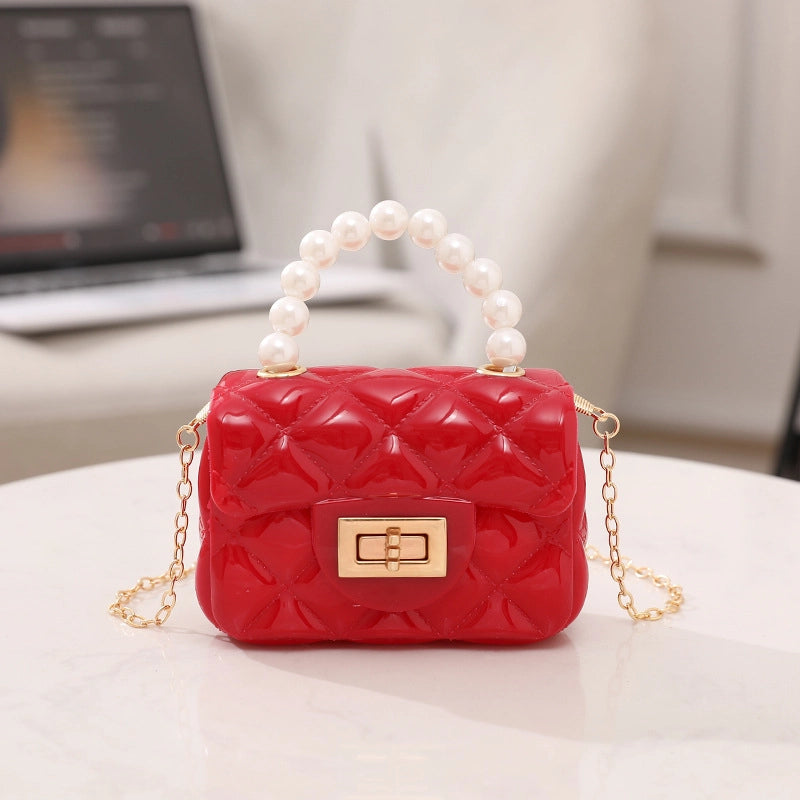 Women’s PVC Solid Color Cute Beading Pearls Square Lock Clasp Crossbody Bag