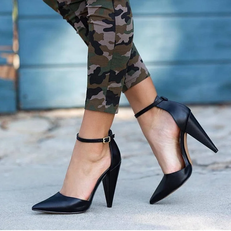 Black Ankle Strap Heel Pointy Toe Cone Heel Pumps |FSJ Shoes