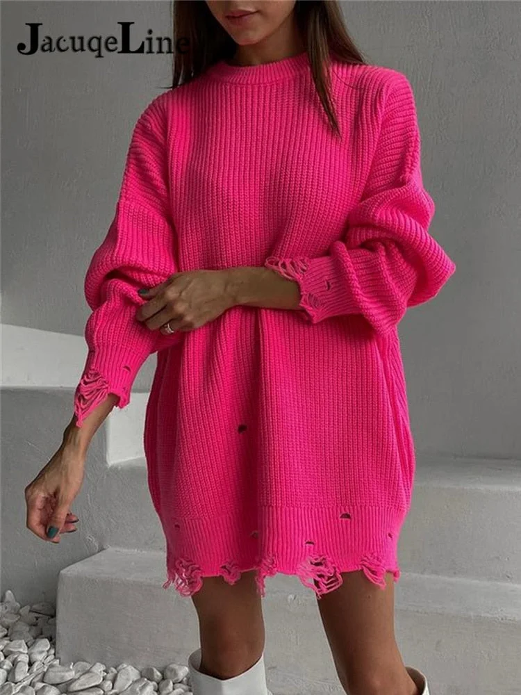 Jacuqeline O Neck Oversized Mini Knitted Women Sweater Dress Autumn Winter Long Sleeve Elegant Street Casual Loose Dresses