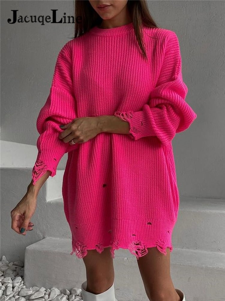 Jacuqeline O Neck Oversized Mini Knitted Women Sweater Dress 2021 Autumn Winter Long Sleeve Elegant Street Casual Loose Dresses