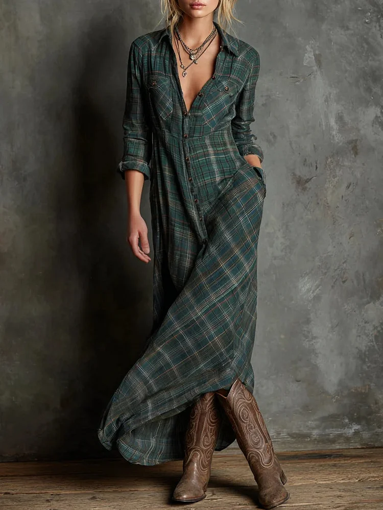Green Plaid Lapel Single-Breasted Shirt Long Dress