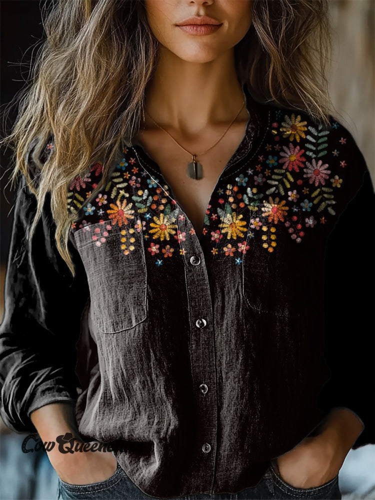 Women&rsquo;s Vintage Floral Art Print Casual Long Sleeve Comfortable Cotton Shirt Multicolor / S