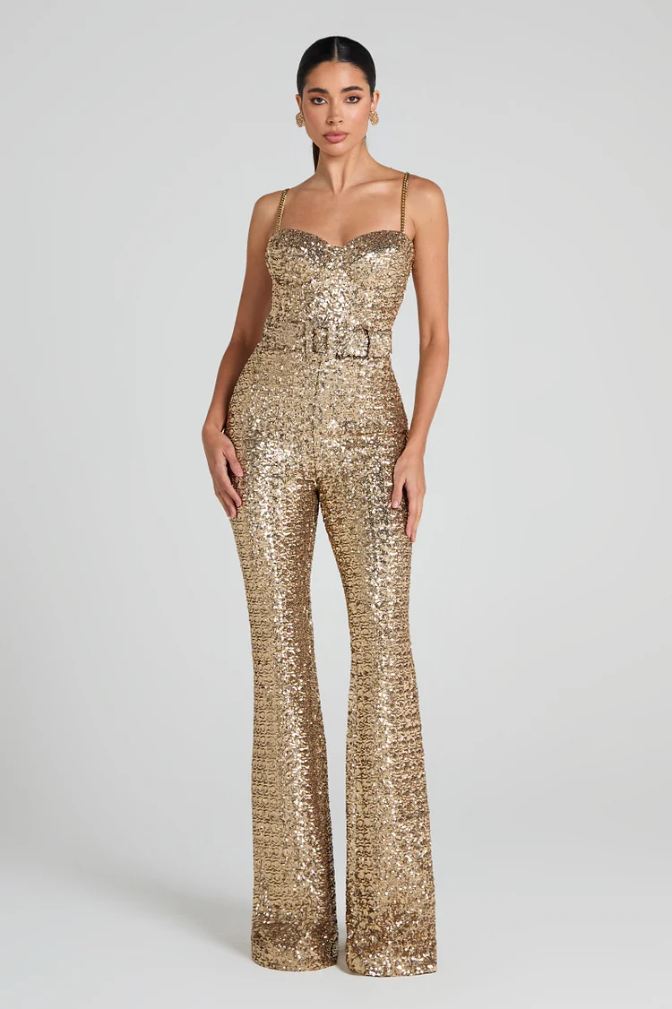 Square Neck Belt Sequin Jumpsuit-Gold
