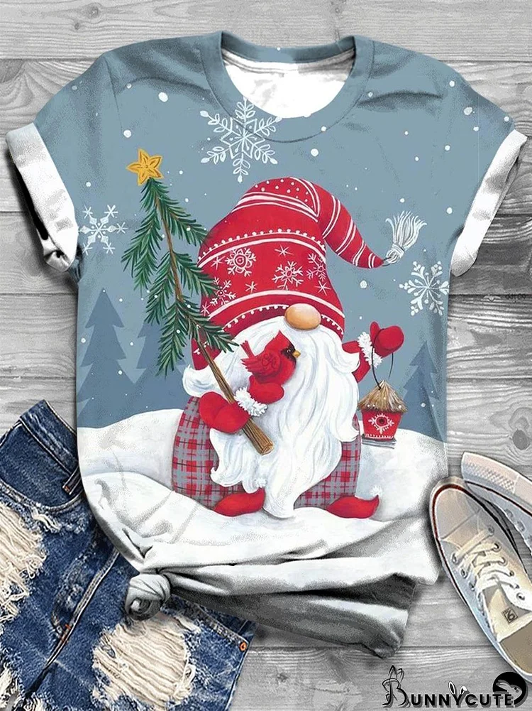 Cute Christmas Gnome Print Crew Neck T-Shirt