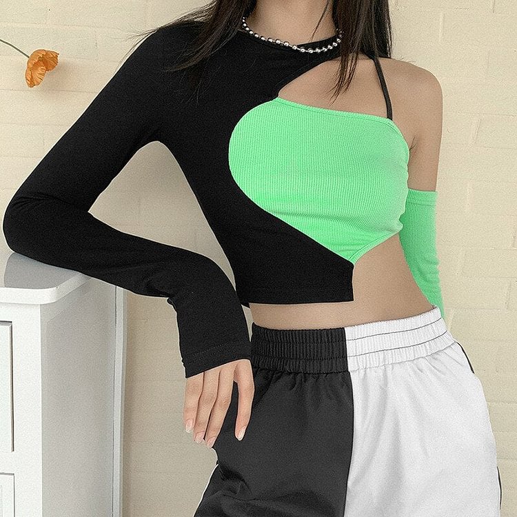 E-girl Punk Style Open Shoulder Hollow Out Patchwork T-shirts Y2K Fashion O-neck Long Sleeve Crop Green Tops Partywear - BlackFridayBuys