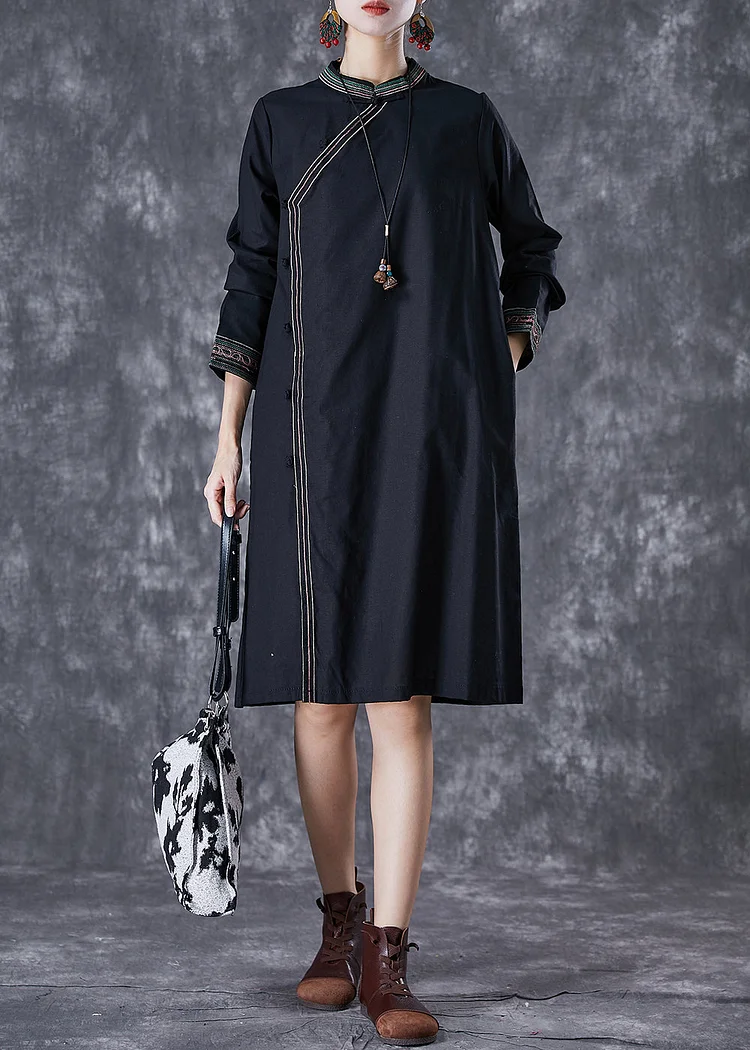Italian Black Embroideried Chinese Button Linen Dress Fall