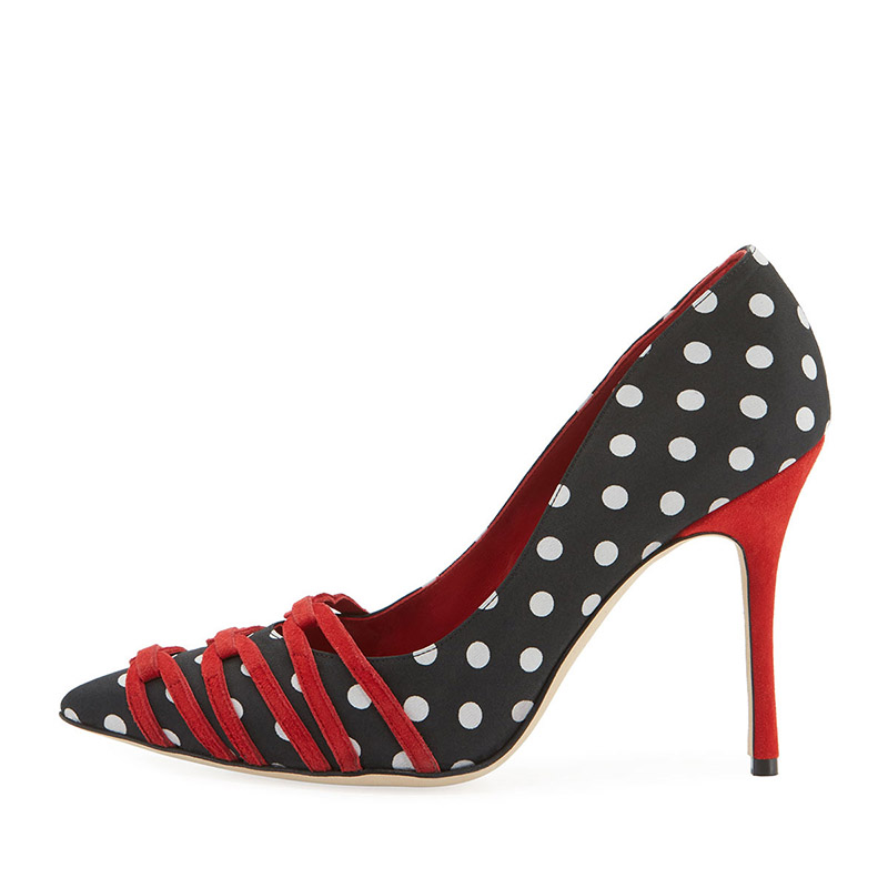 GOOSHOE Black and White Polka Dot Satin Red Straps Stiletto Heels Pumps