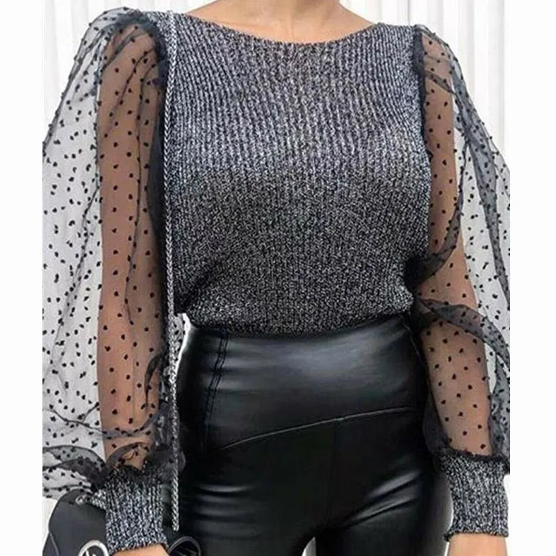 Women Vogue Knitted Mesh Puff Long Sleeve Sweater Tops Lady Slim Pullover Sweaters Jumper Female Fashion Retro Sweater Knitwear