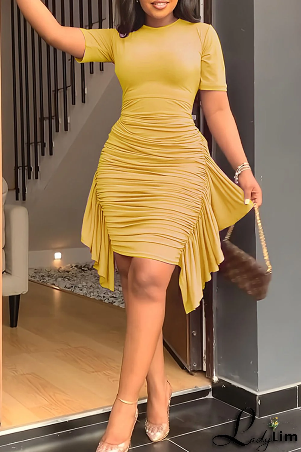 Pink Fashion Casual Solid Patchwork Fold O Neck Short Sleeve Dress